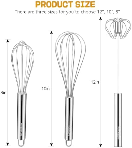 NileHome Stainless Steel Whisk Set 8" 10" + 12" Semi-Automatic Rotary - Image 2