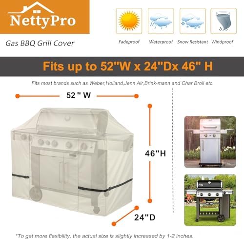 NettyPro BBQ Grill Cover 52 inch Heavy Duty Waterproof Outdoor 2-3 Burners Gas Grill Cover for Outside Weber, Char-Broil, Brinkmann, Nexgrill Barbecue, Beige - Image 6