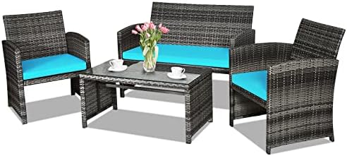 Goplus 4-Piece Rattan Patio Furniture Set, Outdoor Wicker Conversation Sofa with Weather Resistant Cushions and Tempered Glass Tabletop for Lawn Backyard Pool Garden (Turquoise) by Goplus