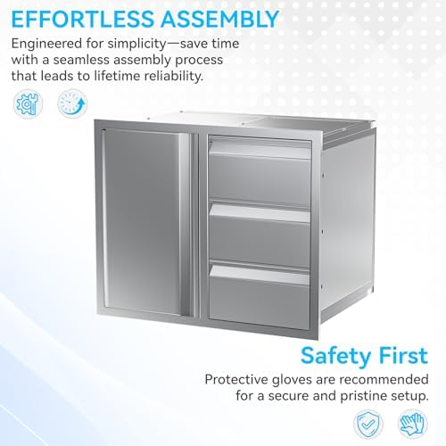 EROMMY Outdoor Kitchen Drawer and Door Combo - 28" W x 20" Dx 23" H Built-in 304 Stainless Steel Cabinet with 3-Tier Triple Drawers & Storage Access Door for BBQ Island & Grill Station - Image 3