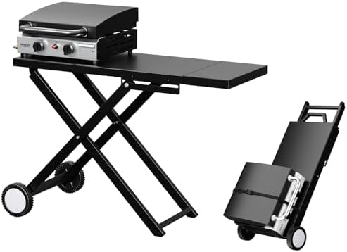 Bonnlo Foldable Flat Top Grill with 2 Burner & Lid, Powerful 20,000 BTU Propane Gas Grills with Ignition, Enamel Griddle, Side Shelf & Portable Cart with Wheels for Outdoor Camping Hibachi Grill Use by Bonnlo