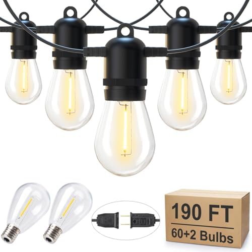Brightown Outdoor String Lights 190FT with 60+2 Shatterproof Edison Bulbs, Waterproof Hanging Patio Lights Outside for Backyard Deck Garden Party Xmas Decor, 2700K by Brightown