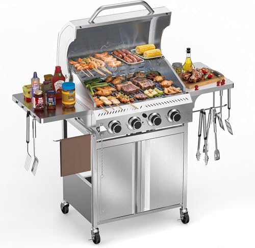 R.W.FLAME 4-Burner Gas Grill, Propane Grill with Folding Side Tables, Heavy-Duty Thickened Stainless Steel Grill, 32,000 BTU BBQ Grill for Outdoor Cooking, Barbecue, Garden and Patio Backyard by RWFLAME
