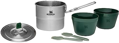 Stanley Adventure Stainless Steel Camping Cooking Set for Two 1.0L / 1.1 QT with Bowls and Sporks - 6 Piece Camp Cook Set - Stainless Steel Pot with Lid - Cookware for Backpacking and Camping by Unknown