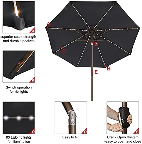 EliteShade USA 10-Year-Non-Fading 9ft Market Patio Umbrella, Commercial Grade Table Sun Umbrella with 80 Solar LED Lights, Crank Open, Windproof & UPF 50+ UV Protection for Garden, Deck, Pool, Backyard, Black - Image 5