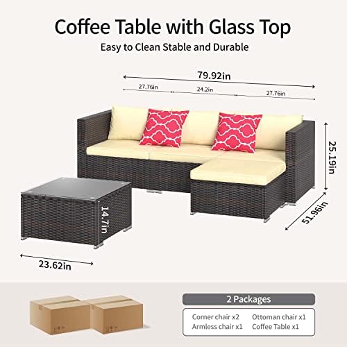Aiho Patio Furniture Set All Weather Outdoor Sectional Patio Sofa Set with Tempered Coffee Table, for Backyard Porch, Beige - Image 2