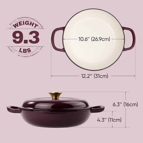 3 Quart Enameled Cast Iron Braiser, Non Stick Enameled Cast Iron Skillet with Lid, Dutch Oven Skillet with lid up to 500°F for Oven, Stove, Grill, Shallow Dutch Oven for Cook, Bake (Fig) - Image 3
