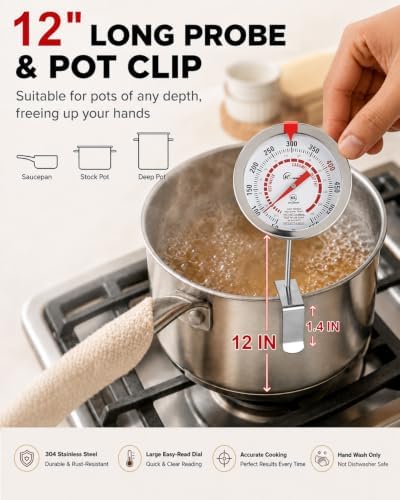 Candy Thermometer with Pot Clip Deep Fry Oil Thermometer 12-Inch Probe 2PC - Image 2