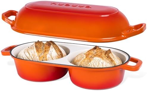Dutch Oven For Sourdough Bread Baking – Enamelled Cast Iron Bread Loaf Pot – 500°F Oven Safe Non Stick Bread Pot – Double Round Loaf Space, 16.5cm Diameter, Orange, – by Nuovva by Nuovva