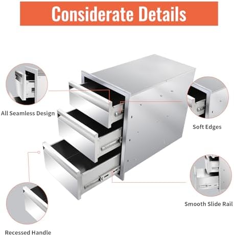 Outdoor Kitchen Drawers Stainless Steel Triple BBQ Drawers Built-in Drawer 14"" W x 21"" H x 23"" D for Outdoor Kitchen Island Patio Grill Station (14" W x 21" H x 23" D) - Image 5