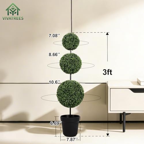 VIVATREES 3FT UV-Resistant Artificial Triple Ball Boxwood Topiary Set of 2, All-Weather Outdoor & Indoor Decor for Garden, Porch, Entryway - Image 3