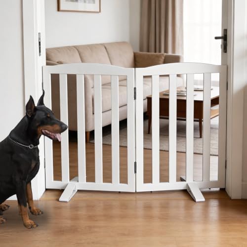 Freestanding Dog Gate Indoor, Doggie Gate Foldable Dog Gates for Doorways,Stairs or Hallways, Wooden White Pet Gate for The House, Pet Fence with Support Feet Included,24 "Height-2 Panels by SFJC