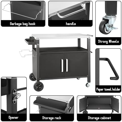 Dining Cart Table with Big Storage Cabinet,Movable Table Outdoor Kitchen - Image 2
