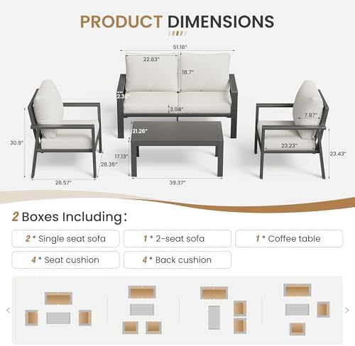 4-Piece Aluminum Outdoor Patio Furniture Sets All-Weather Patio Conversation Set Sectional Sofa with Coffee Table & Cushions with Removable Covers for for Deck Backyard Garden Poolside Balcony Porch - Image 2