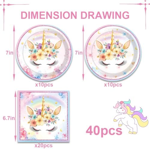 40Pcs Unicorns Birthday Decorations for 20 Guests Birthday Party Supplies Set Unicorns Plates and Napkins Magical for Girls Baby Shower Party Decorations - Image 2