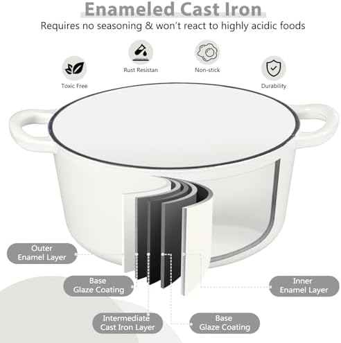 3 Qt Enameled Cast Iron Dutch Oven with Lid, E-far Small Round Nonstick Dutch Oven Pot for Bread Baking Braising Stews Roasting Cooking, Heavy Duty, Induction & Oven Safe - White - Image 7