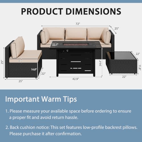 Shintenchi 6 Piece Outdoor Patio Furniture Set with 43 Inch Propane Fire Pit, Washable Cushions, Glass Coffee Table, Waterproof Cover & CSA Certified for Backyard Poolside, Black PE Rattan/Khaki - Image 2