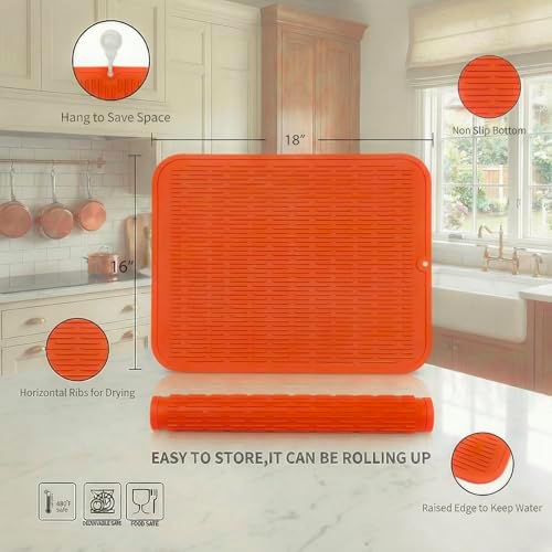 MicoYang Silicone Dish Drying Mat for Multiple Usage,Easy clean,Eco-friendly,Heat-resistant Silicone Mat for Kitchen Counter or Sink,Refrigerator or Drawer Liner Orange XL 18 inches x 16 inches - Image 2