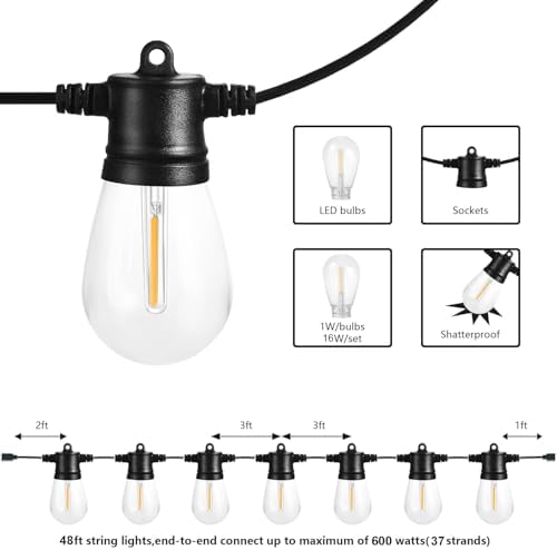 SUNTHIN 48FT Outdoor String Lights with 16 LED Shatterproof Bulbs - Image 2