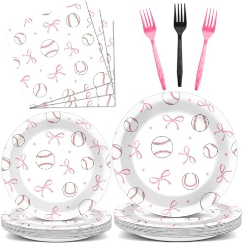 96Pcs Pink Bow Baseball Paper Plates and Napkins Pink Bow Baseball Party Supplies Sports Theme Disposable Tableware Dinnerware Set for 24 Guests Team Game Day Sport Birthday Baby Shower Decorations by Oitnlaughter