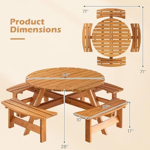 GIANTEX 8-Person Round Picnic Table Set with 4 Benches, 550 LBS Bench Capacity, 2" Umbrella Hole, Circular Outdoor Wood Dining Table & Chairs for Patio Yard Garden Porch Deck (71”x71”x28”,Yellow) - Image 4