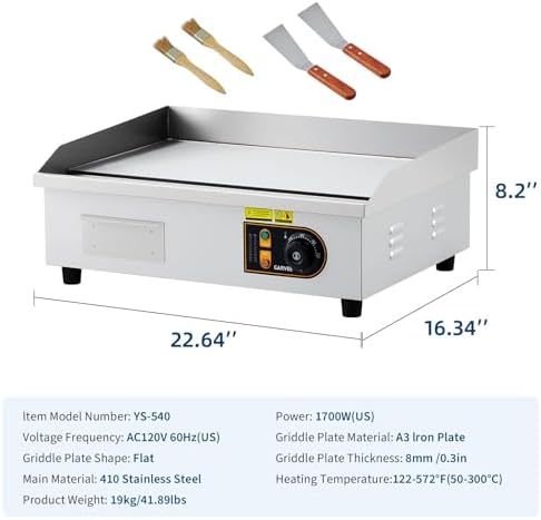 Garvee 22in Commercial Electric Flat Top Griddle Non-Stick for Breakfast Bars, Countertop Flat Top Grill with 2 Shovels and 2 Brushes for Roadside Stands, 122℉-572 ℉ Adjustable Temp - Image 2