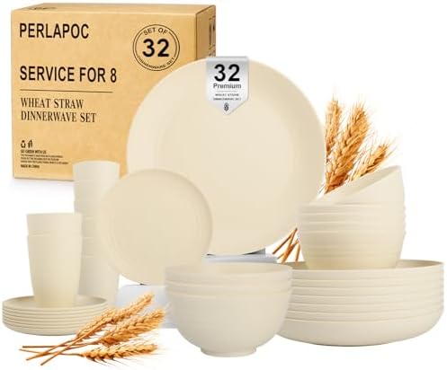 Wheat Straw Dinnerware Sets for 8, 32 PCS Unbreakable Plates and Bowls Sets, Kitchen Dish Set - Dinner Plate/Dessert Plate/Cereal Bowl/Cup, for Outdoor Camping RV Apartment Essentials - Beige by Perlapoc