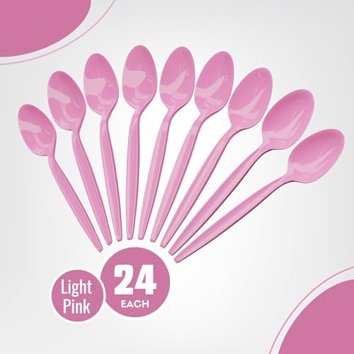 Light Pink Plastic Spoons (24 Pack) - Durable Soft & Baby Pink Spoons for Parties, Disposable Plasticware, Colored Flatware, Utensils, Cutlery for Occasions, Birthday Party Supplies, Blue Orchards - Image 2