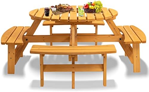 8 Person Wooden Picnic Table, Outdoor Camping Dining Table with Seat, Garden, DIY w/ 4 Built-in Benches, 2220lb Capacity - Natural by QUAWIP