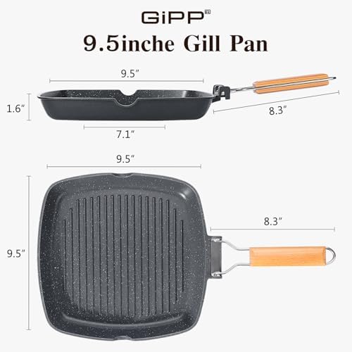 GiPP 9.5 Inch Nonstick Grill Pan with Folding Handle,Square Grill Skillet - Image 2