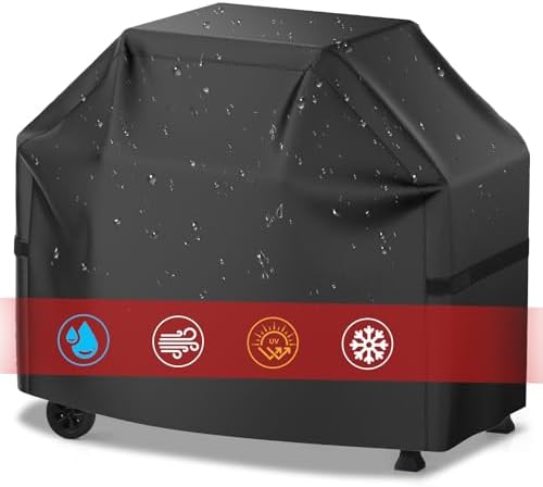 Grill Cover, 58 inch BBQ Gas Grill Cover for Outdoor Grill, Waterproof, Anti-UV, Rip-Proof, Fade Resistant Material, Barbecue Cover with Hook-and-Loop Straps & Adjustable Hem Drawstring, Black by VIBOOS