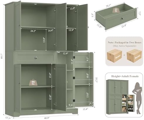 HOSTACK 68" Tall Kitchen Pantry Storage Cabinet with Doors & Shelves, Green - Image 3