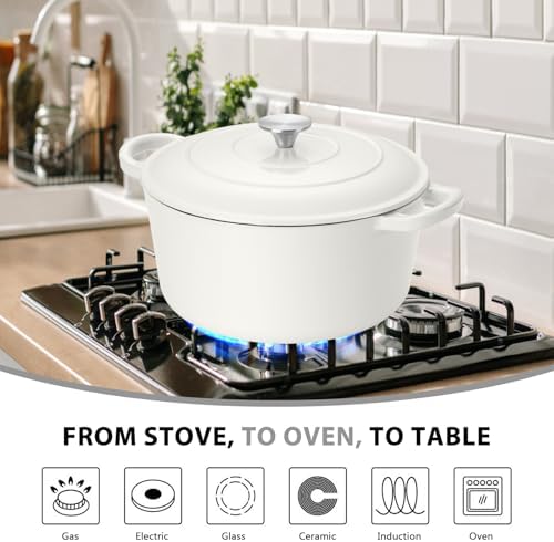 E-far 6 Quart Dutch Oven, Enameled Cast Iron Dutch Oven Pot with Lid, Nonstick Round Cookware for Braising/Stews/Roasting/Bread Baking/Cooking, Heavy Duty, Induction & Oven Safe - White - Image 4
