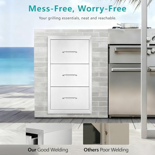 Outdoor Kitchen Drawers, 3-Drawer 304 Stainless Steel BBQ Storage Cabinet with Paper Towel Holder, Flush-Mount Drawer Cabinet for Grill Station, Patio Kitchen, RV and BBQ Island, 17"W x 30"H x 21"D - Image 5