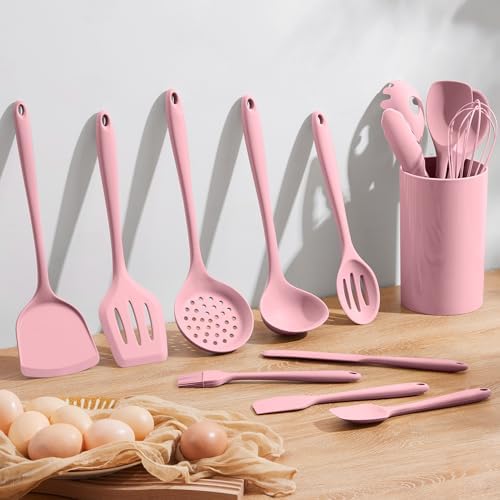 Homikit 15-Piece Kitchen Utensil Set, Pink Silicone Utensils with Holder - Image 6