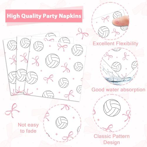 96PCS Volleyball and Bow Party Paper Plates and Napkins for Sports Themed Party Dessert Cake Plates Disposable Decor Pink Bow Volleyball Parties Set for Boys Girls Birthday Gatherings Decorations - Image 4