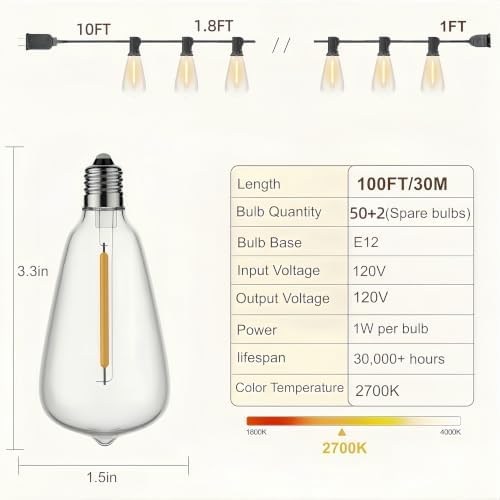 Outdoor String Lights, 100FT 52 LED ST38 Shatterproof Vintage Edison Bulbs - Image 6