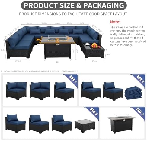 Rattaner 10 Pieces Outdoor Sectional All-Weather Wicker Patio Furniture Set Patio Sectional and Steel Fire Table and Glass Patio Table Non-Slip Cushions and Waterproof Covers, Navy Blue - Image 3