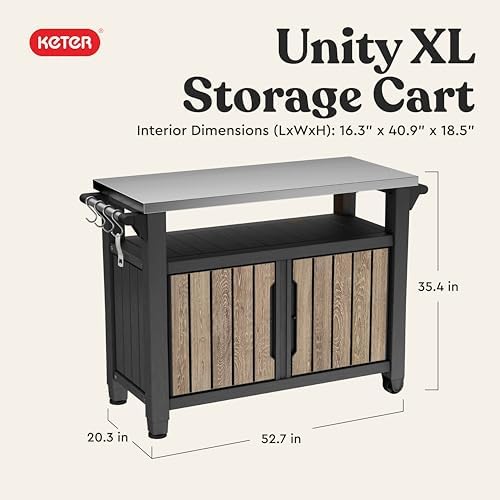 Keter Unity XL Outdoor Entertainment Cart with Wood‑Look Finish, 78‑Gallon Patio Storage Cabinet, Food Prep Station, Stainless‑Steel Top for BBQ, Grill, Patio, Deck & Backyard, Ashwood - Image 2