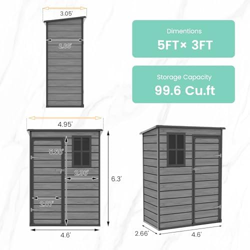 UDPATIO Outdoor Storage Shed 5x3 FT, Resin Garden Shed with Floor,Dark Grey - Image 2