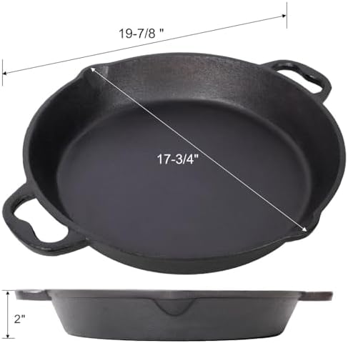 20" Cast Iron Skillet with Dual Handles, Pre-Seasoned Heavy-Duty Frying Pan for Grill, Stovetop, Oven & Campfire Cooking, Large Family-Size Pizza Pan & Outdoor Cookware (Black) - Image 2