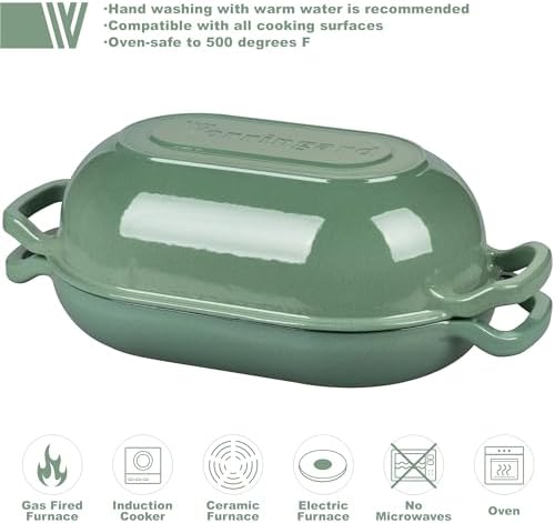 VORRINGARD Enameled Cast Iron Sourdough Bread Oven, Dutch Oven, Loaf Cast Iron Bread Pan for Homemade Bread Baking, Meatloaf Pan with Lid, 5QT, Sage Green - Image 3
