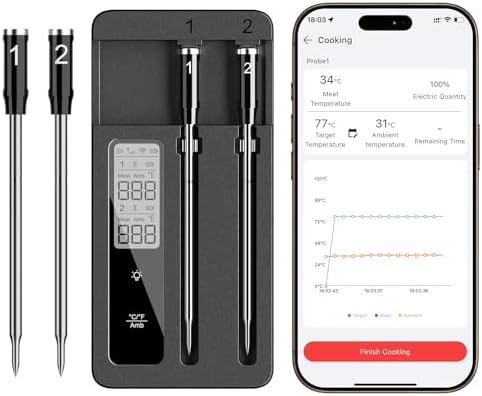 Smart Wireless Meat Thermometer, 2 Probes, WiFi Base with Magnetic Mount by ROUUO