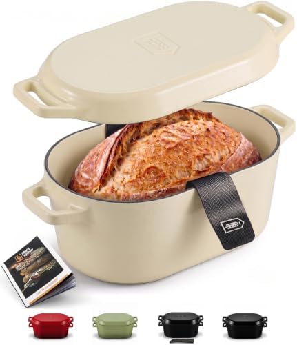 Kook Dutch Oven, For Sourdough Baking, Dual Handles, Enameled Cast Iron, includes Silicone Mat and Sourdough Guide, Dishwasher Safe, Oven safe 500F, 5 Qt, (Ivory) by Kook