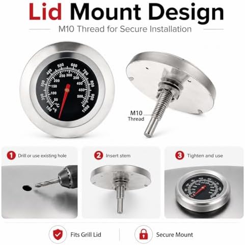 2 Pack 3 Inch Dial BBQ Grill Thermometer, M10 Thread Stainless Steel Temp Gauge -100°F to 1000°F(50°C-500°C), Lid Mount Temperature Indicator for Charcoal Smoker, Barbecue Pit & Outdoor Cooking Grills - Image 5