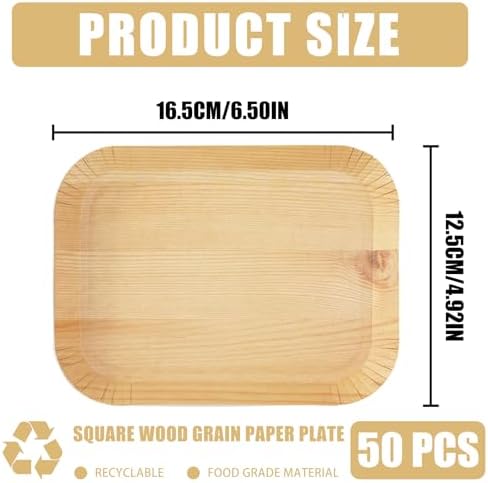 50 Pcs Wood Grain Paper Plates, 6.5 x 5 Inch Rectangle Plates, Disposable Rustic Party Plate for Woodland Baby Shower, Camp Fire, Camping, Lumberjack Birthday Party Supplies (S) - Image 2