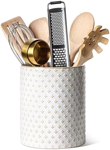 LE TAUCI Utensil Holder for Kitchen Counter - 7.1" Large Ceramic Utensil Crock, Cooking Utensil Organizer for Spatula, Spoon, Whisk - Farmhouse Kitchen Countertop Storage, Embossed, Clover by LETAUCI