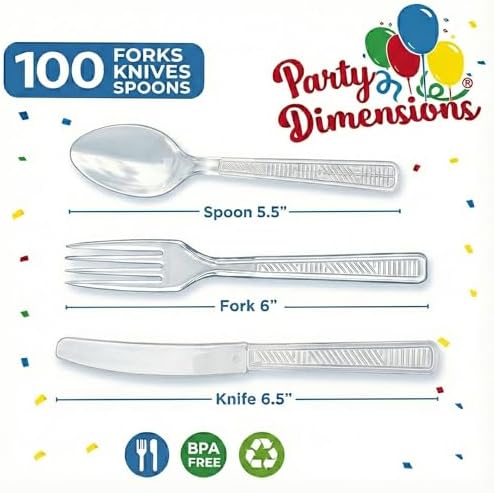 Party Dimensions 300 Count Plastic Cutlery Combo Box, Disposable Clear Plastic Silverware Utensils Set, 100 Forks, 100 Spoons, 100 Knives - Image 2