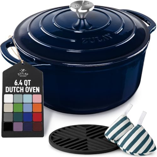Zulay Kitchen 6.4QT Enameled Cast Iron Dutch Oven Pot with Lid, Heavy-Duty Soup Pot for Stews, Braising, Roasting & Sourdough Bread Baking, Oven Safe up to 500°F - Lapis Lazuli by ZulayKitchen
