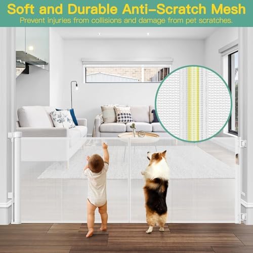 Reinforced 60" Wide Retractable Baby Gate with Reinforced Rods, 5 ft Retractable Dog Gate Indoor/Outdoor Baby Gate Retractable Gate - Bottom Anti-Escape, White - Image 6